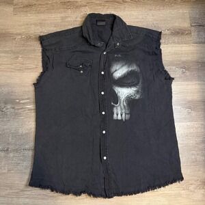 Y2K Skull Grunge Pearl Snap Spiral Direct Mens Black Sleeveless Biker Shirt XL